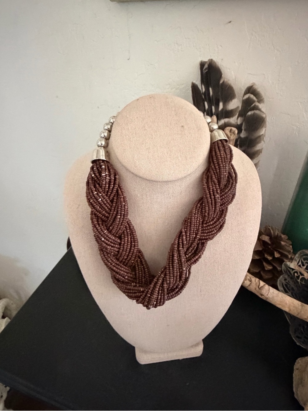 Vintage Chunky Braided Brown Seed Beads & Silver Statement Necklace
